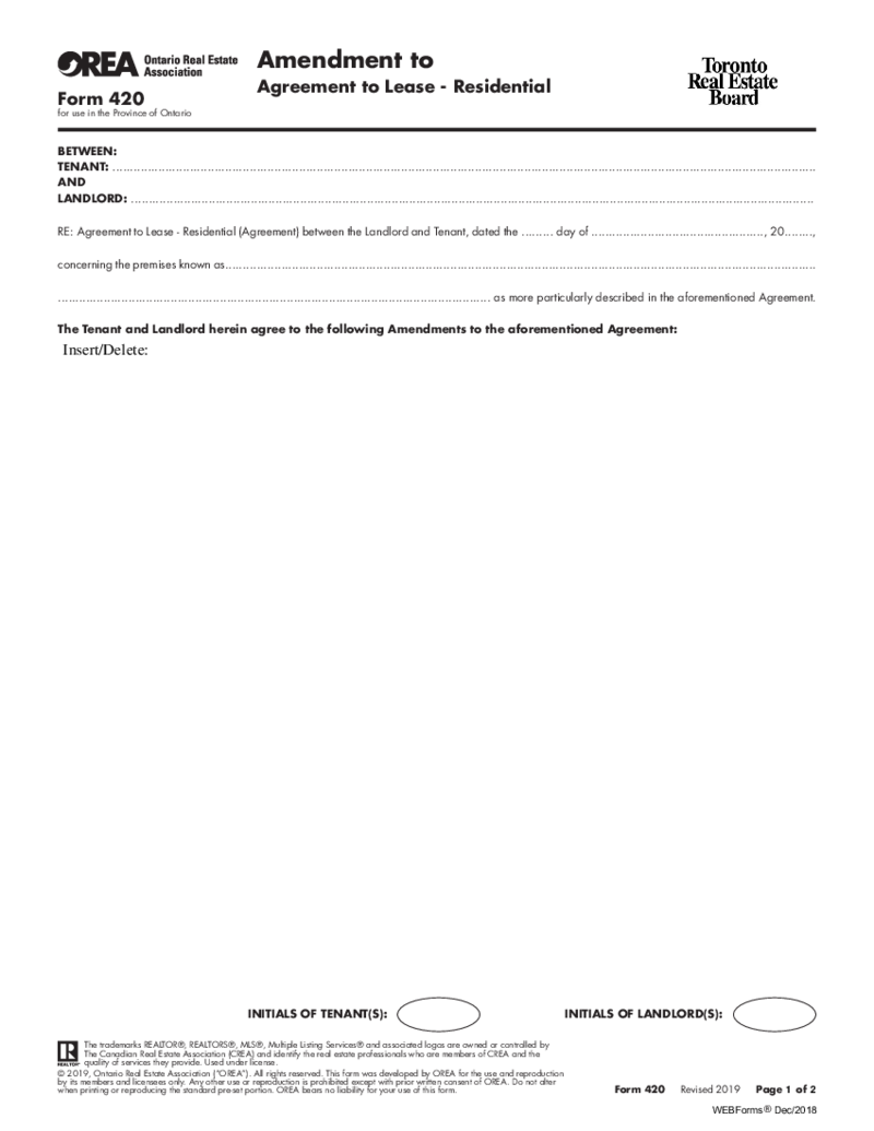 OREA Form 420, Amendment to - Agreement to Lease - Residential