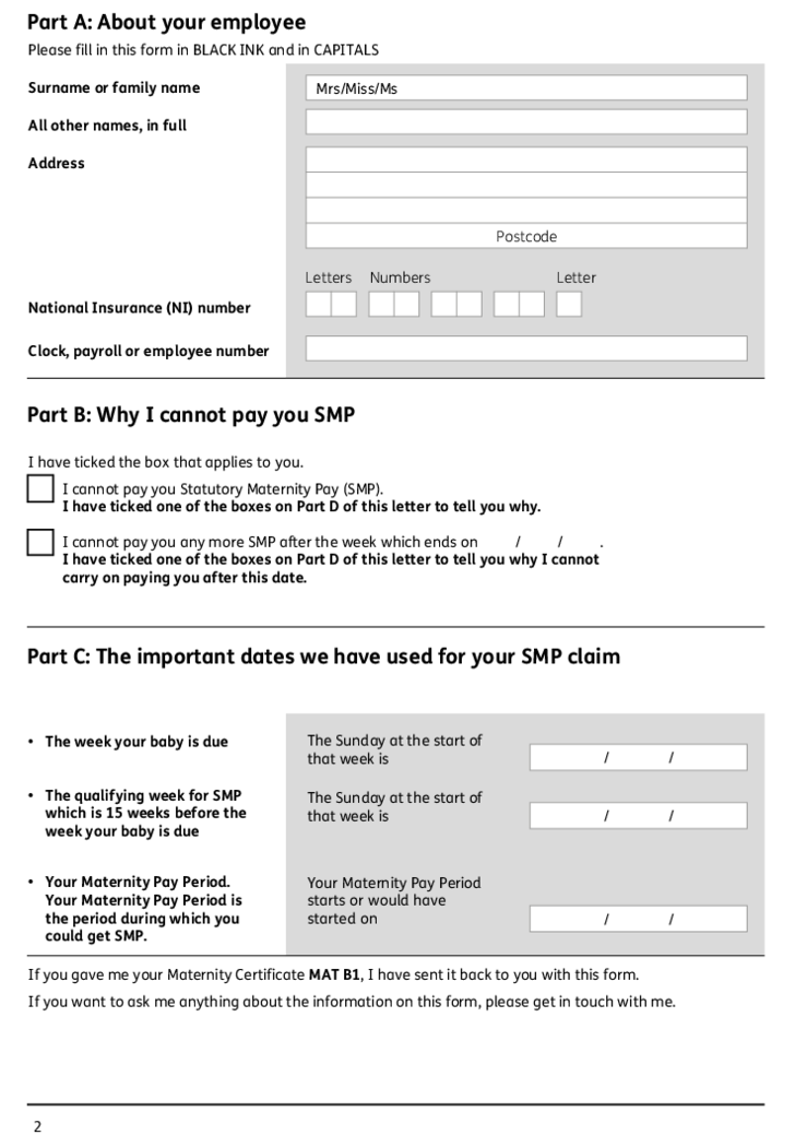 SMP1 Statutory Maternity Pay Form