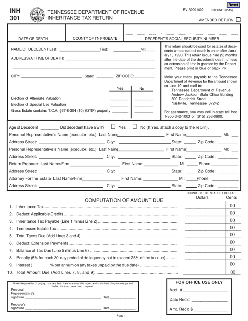 Tennessee Inheritance Tax Return (Form INH 301)