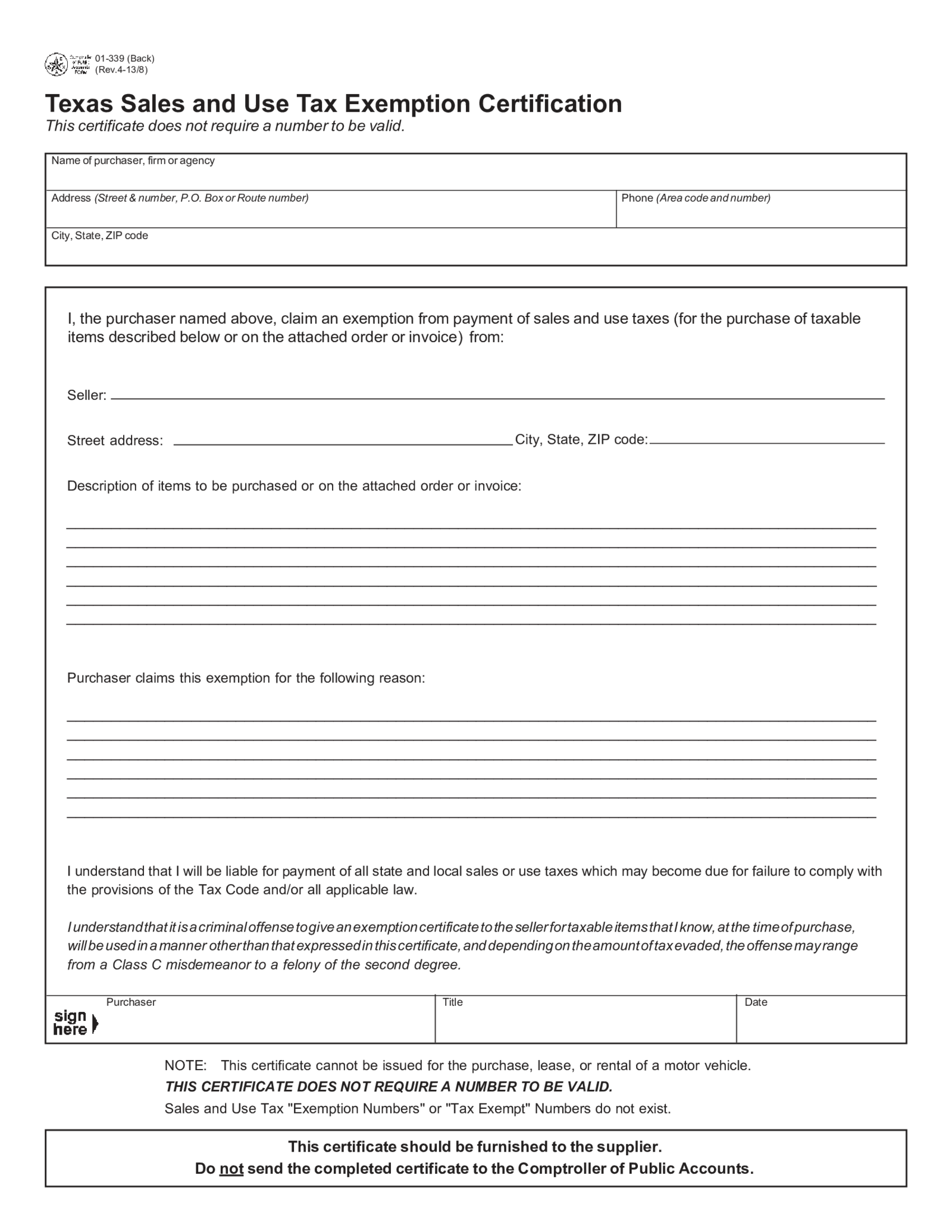 Texas Sales and Use Tax Exemption Certification - Thumbnail