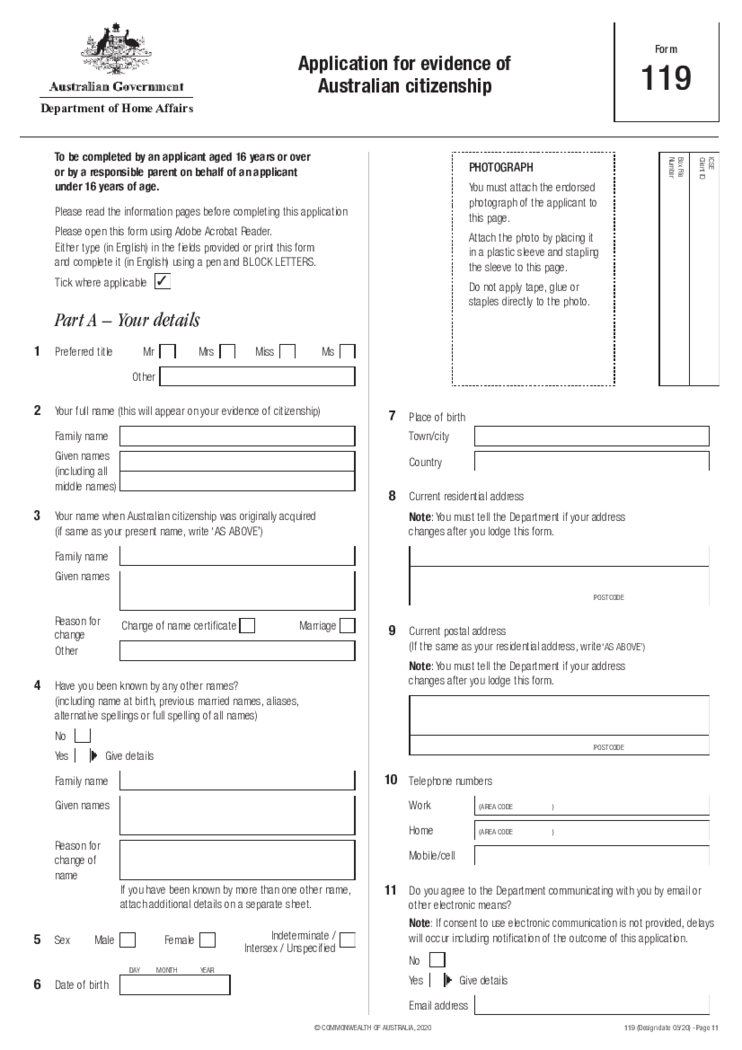 Form 119 Application For Evidence Of Australian Citizenship