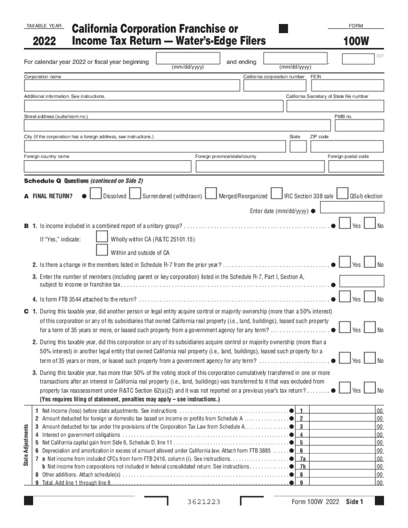 CA Form 100W (2022)