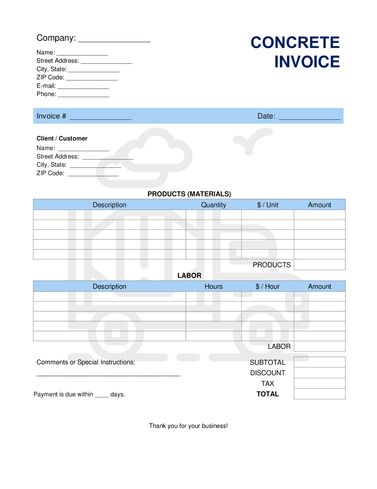 Fillable Concrete Invoice Template - Thumbnail