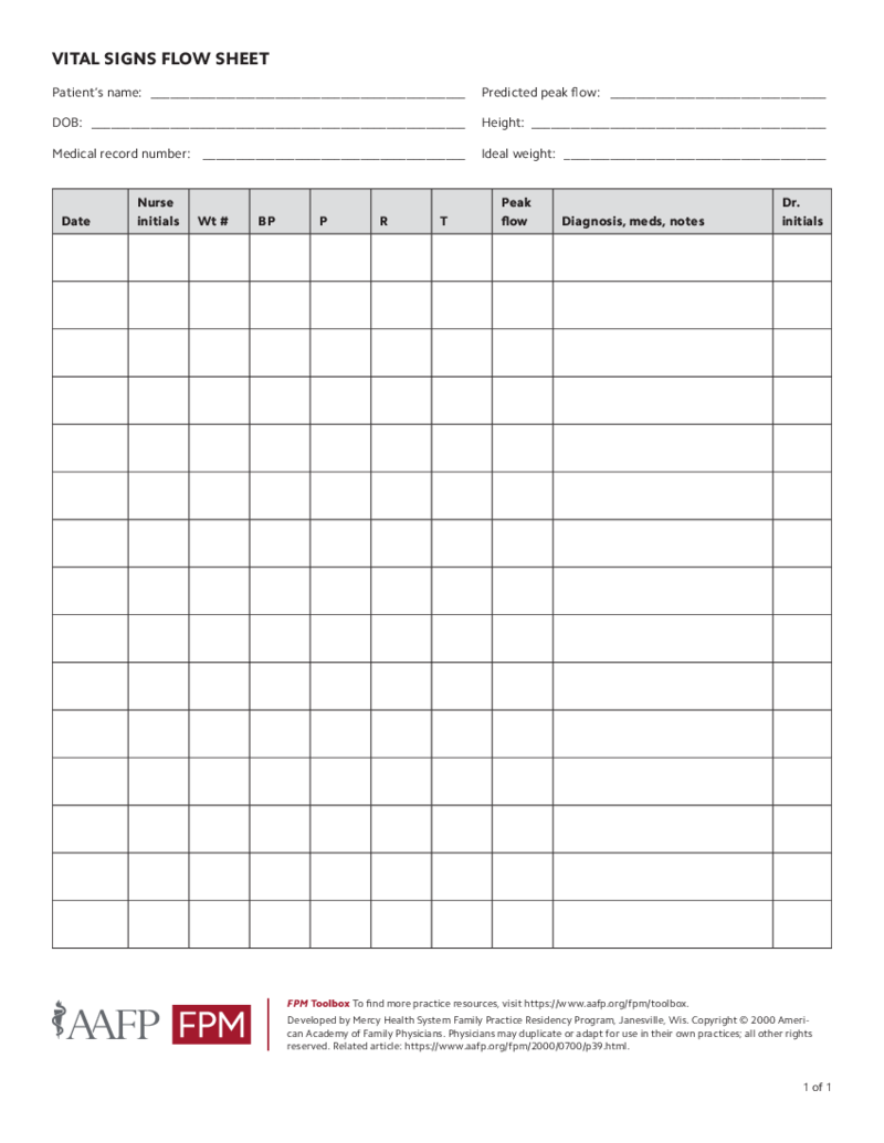 Vital Signs Flow Sheet