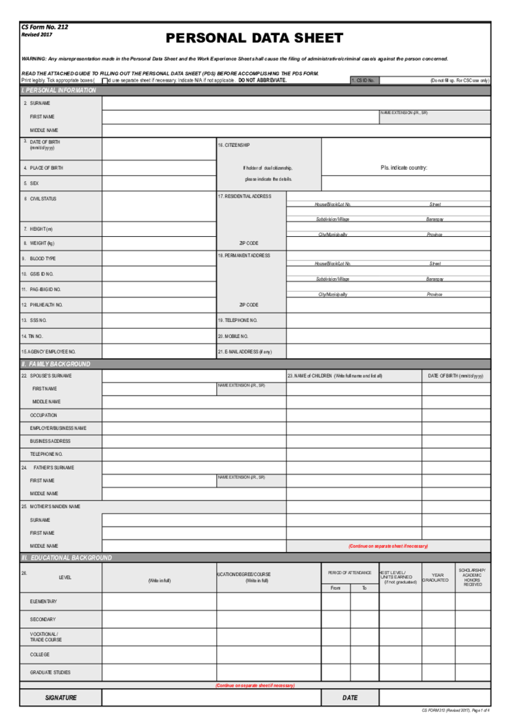 CS Form 212 - Personal Data Sheet