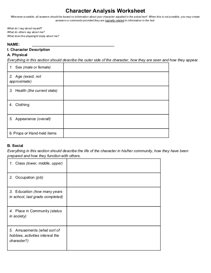 Character Analysis Worksheet