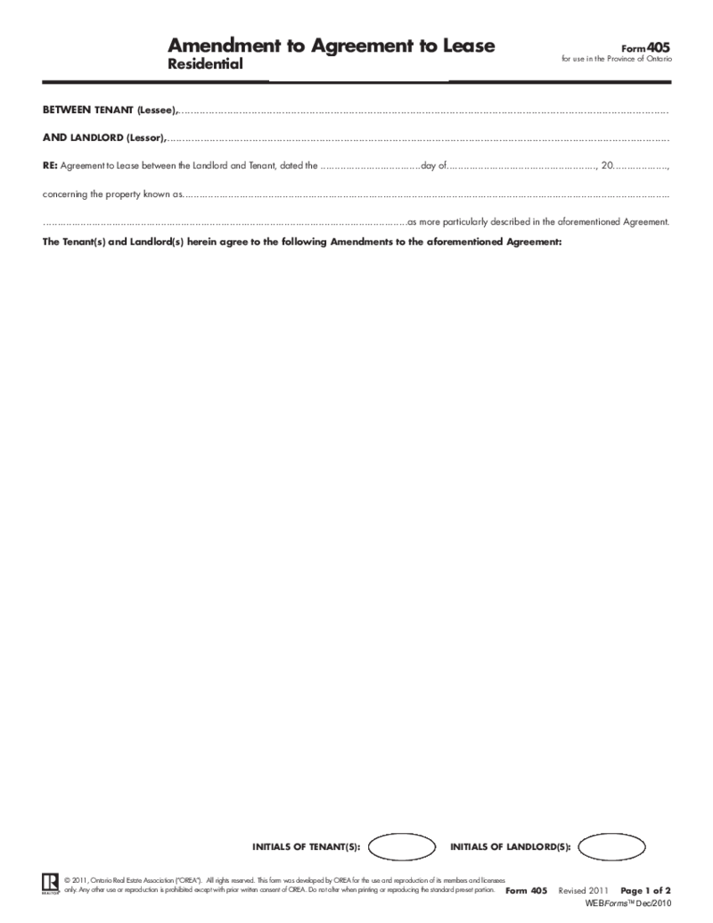 OREA Form 405, Amendment to Lease Agreement