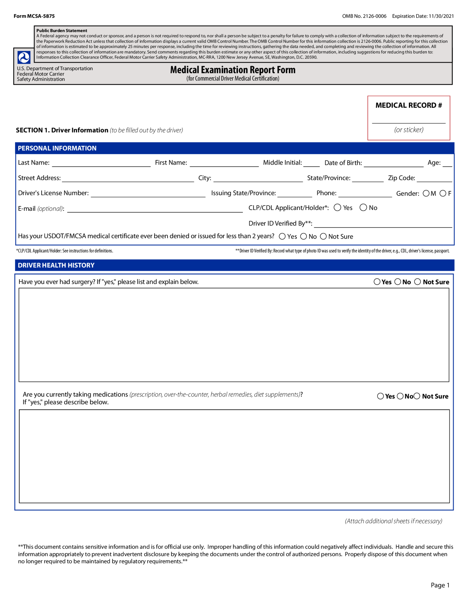 Medical Examination Report (MER) Form, MCSA-5875 - Thumbnail