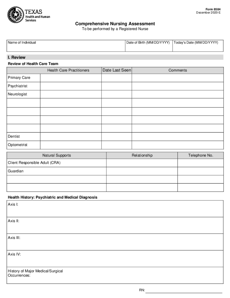 Comprehensive Nursing Assessment Form 8584