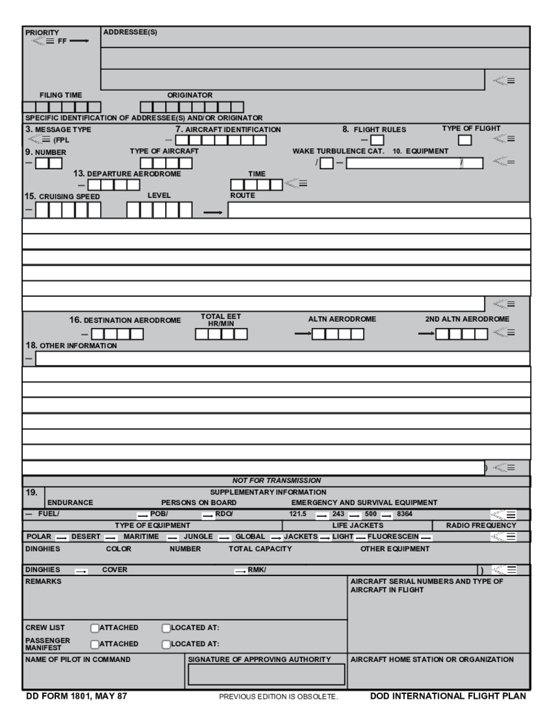 DD Form 1801 - DoD International Flight Plan