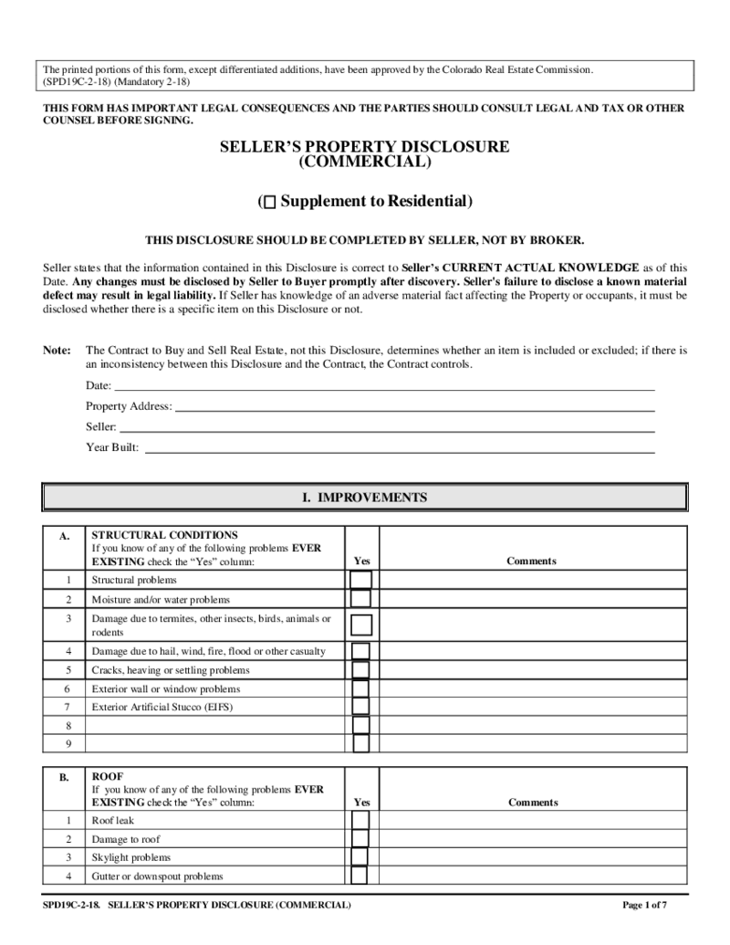 Colorado DORA Sellers Property Disclosure (Commercial) (SPD19C)