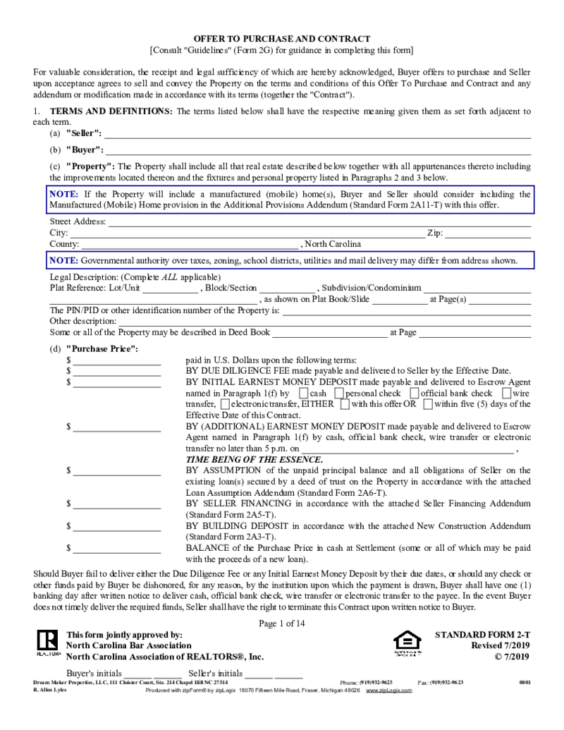 NCAR SF 2-T, Offer to Purchase and Contract