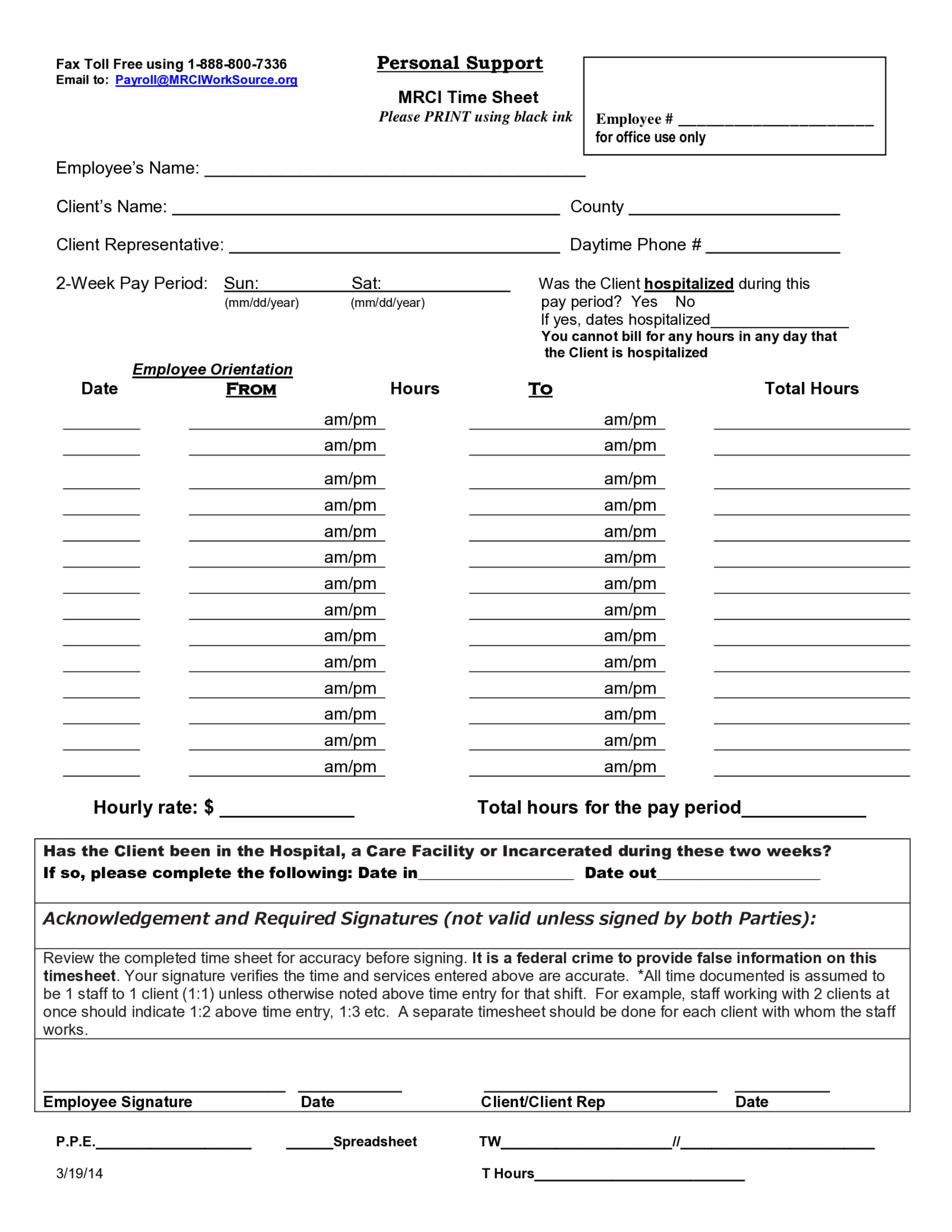 Fillable Mrci Timesheet - Thumbnail