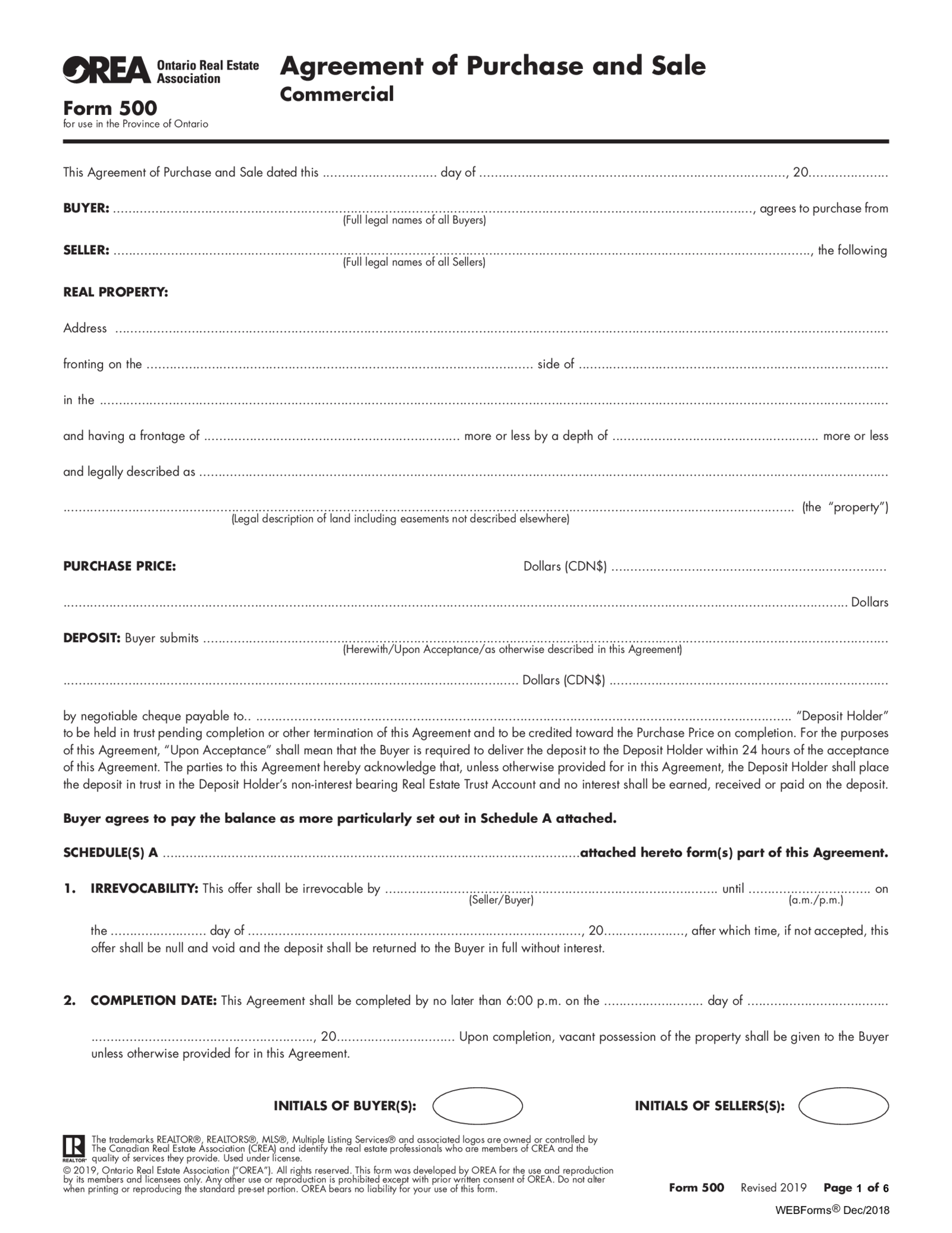 Form 500, Agreement of Purchase and Sale, Commercial - Thumbnail