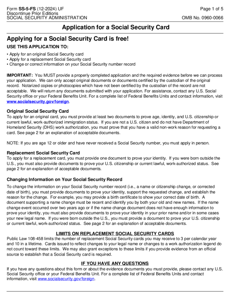 Form SS-5-FS, Application for a Social Security Card (Outside of the U.S.)
