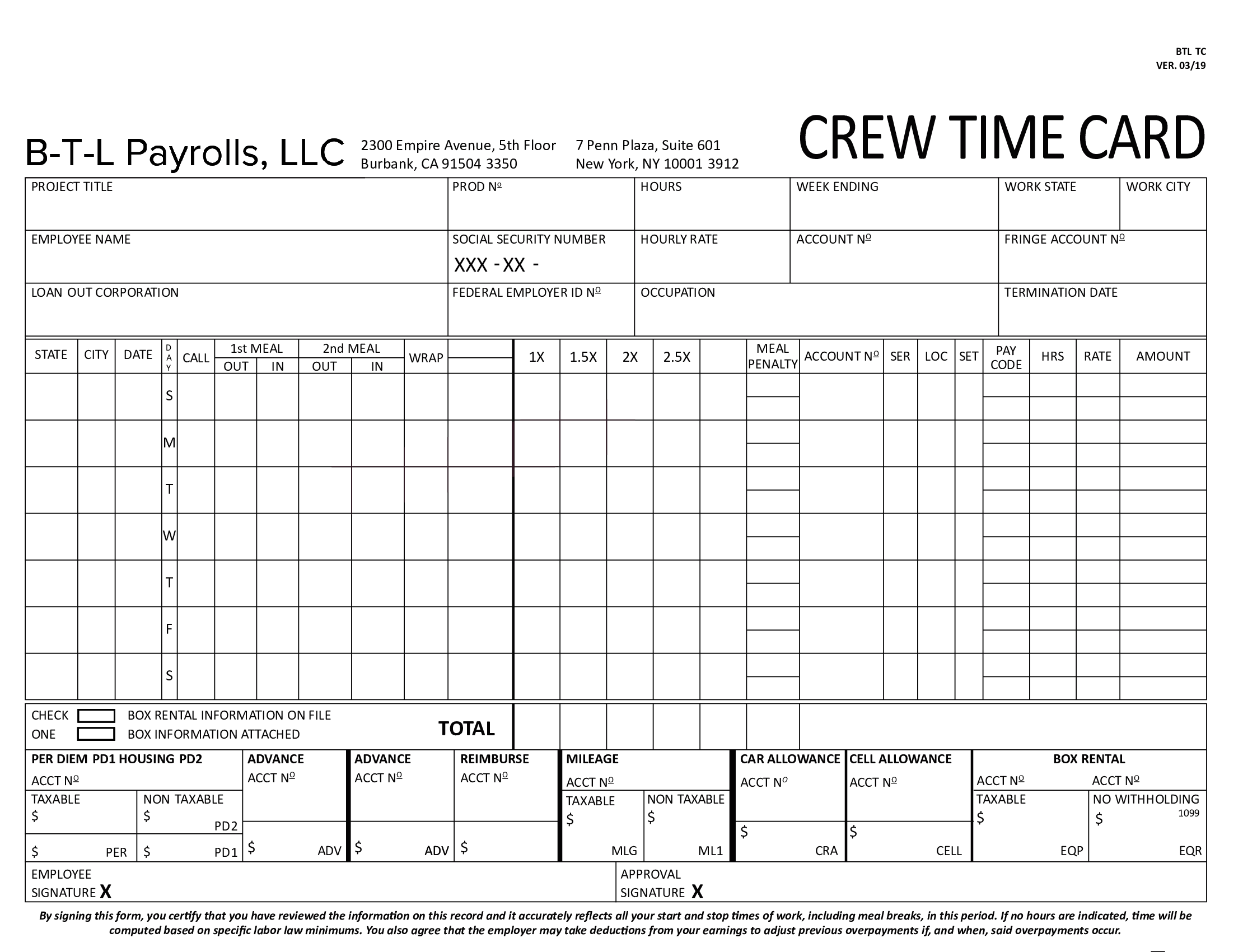 B-T-L Payrolls Crew Time Card - Thumbnail