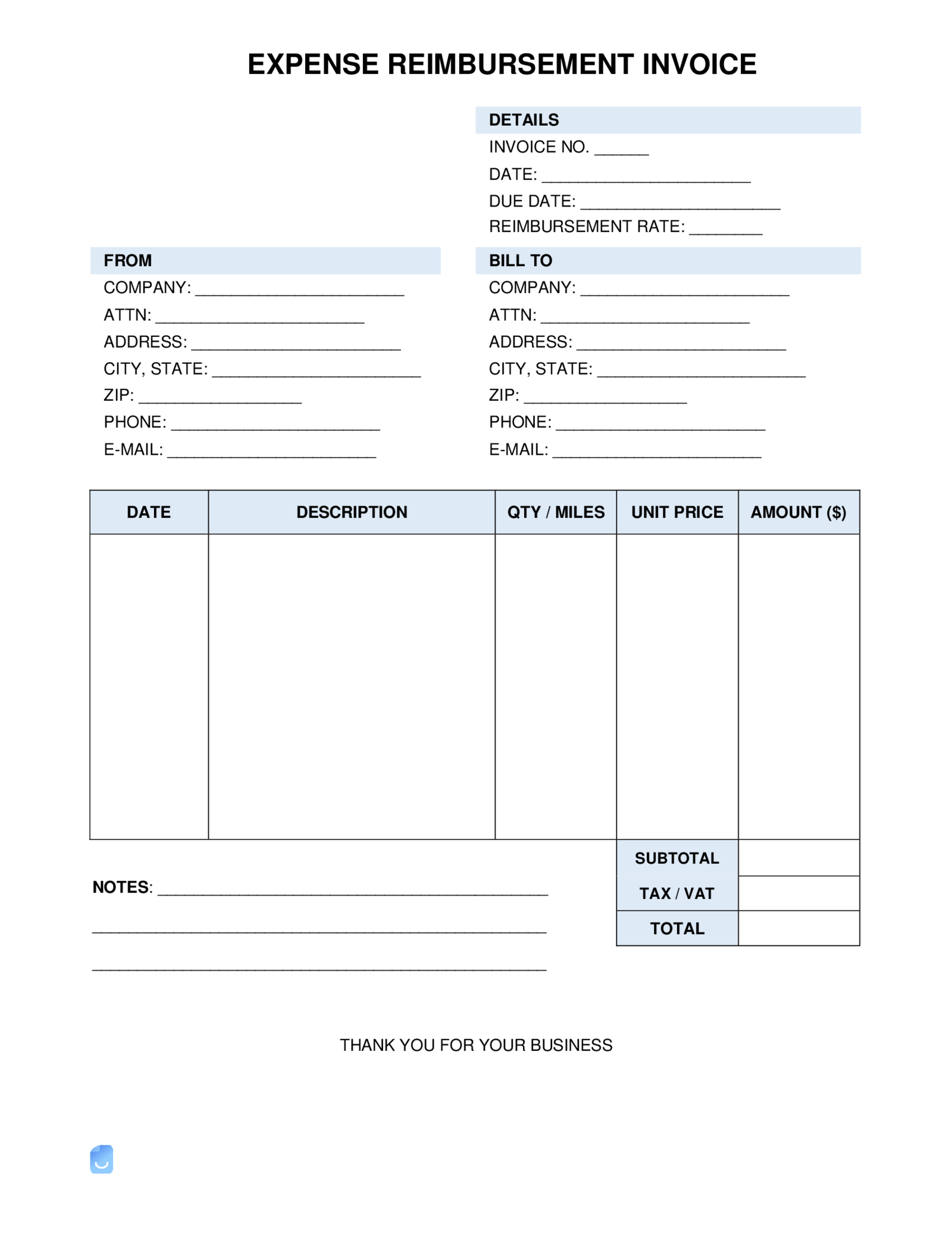 Fillable Expense Reimbursement Invoice Template - Thumbnail