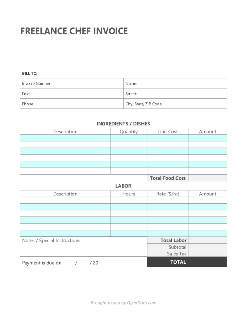 Freelance Chef Invoice