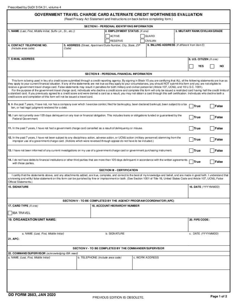 DD Form 2883, Government Travel Charge Card