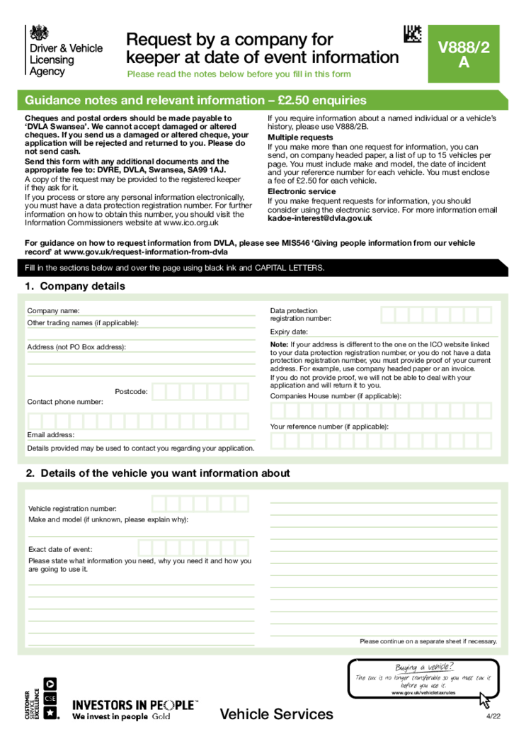 Request by a company for keeper at date of event information (form V888 2A)