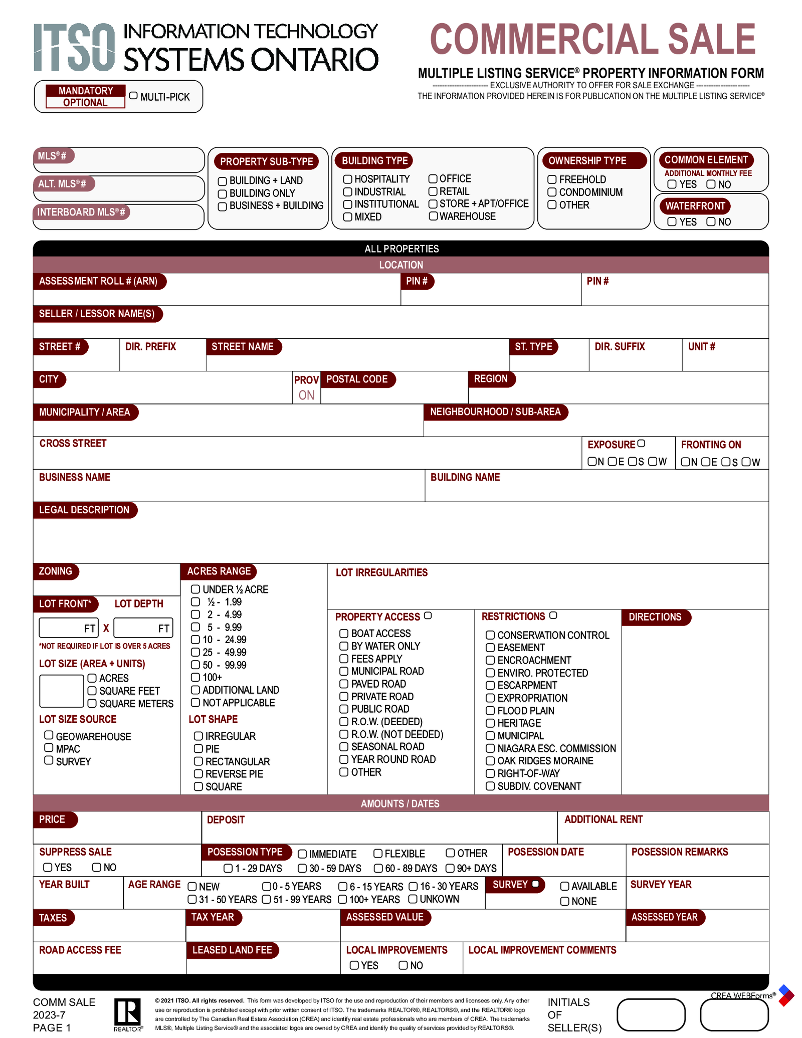 Fillable MLS Property Information Form - Commercial Sale - Thumbnail