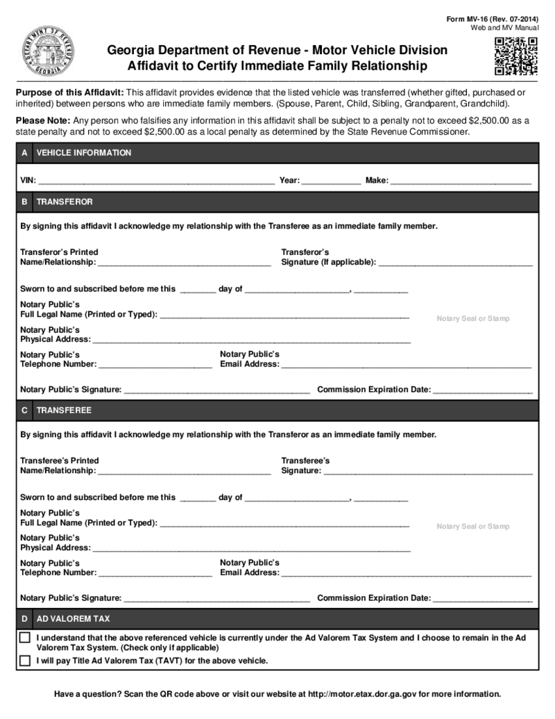 Form MV-16, Affidavit Certify Immediate Family Relationship