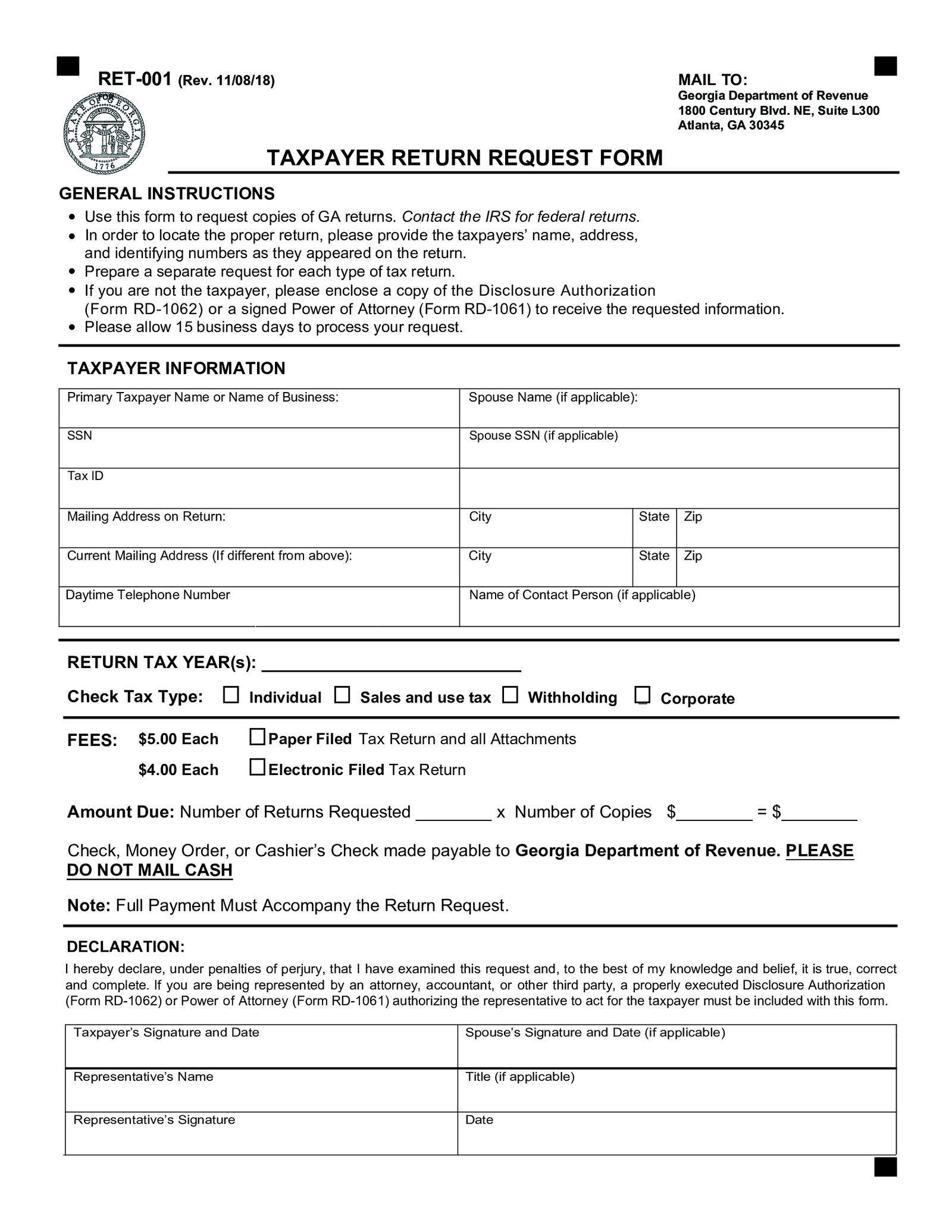 Taxpayer Return Request Form (RET-001) - Thumbnail