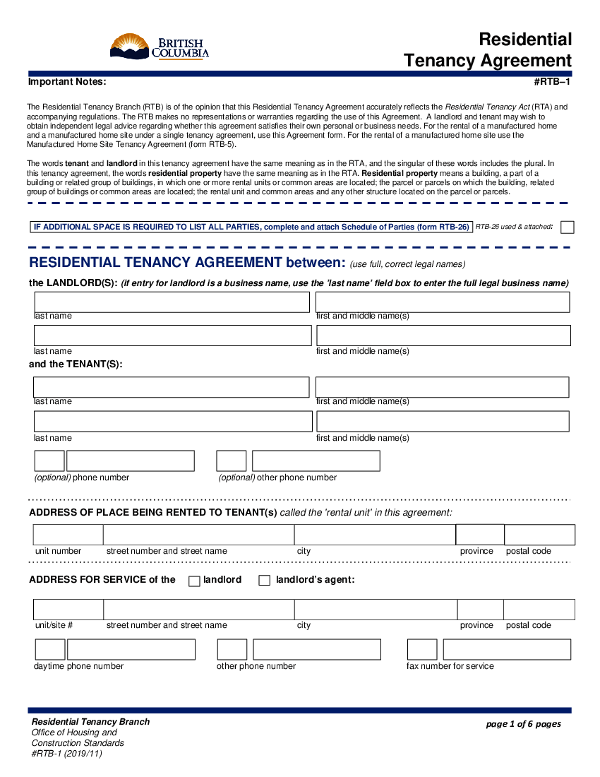 CA RTB-1, Residential Tenancy Agreement