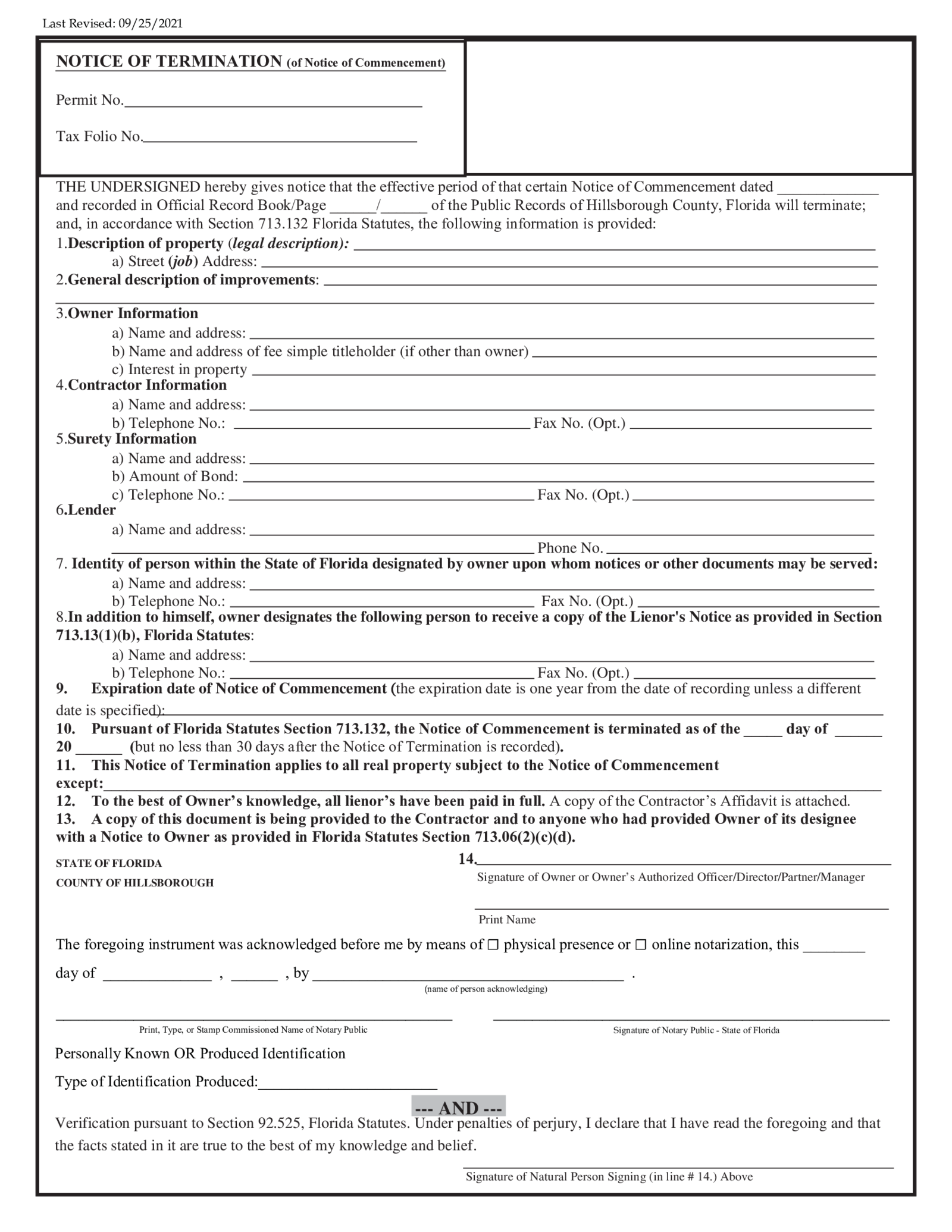 Fillable Notice of Termination (of Notice of Commencement) - Thumbnail