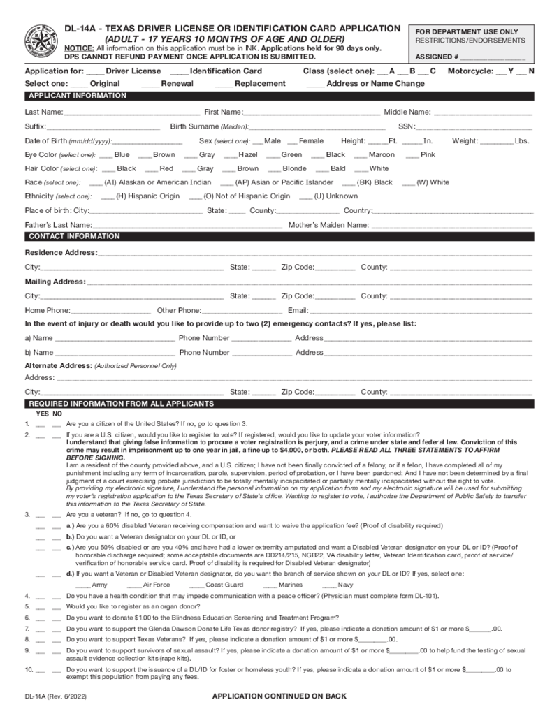 Texas Driver License Replacement - DL-14A