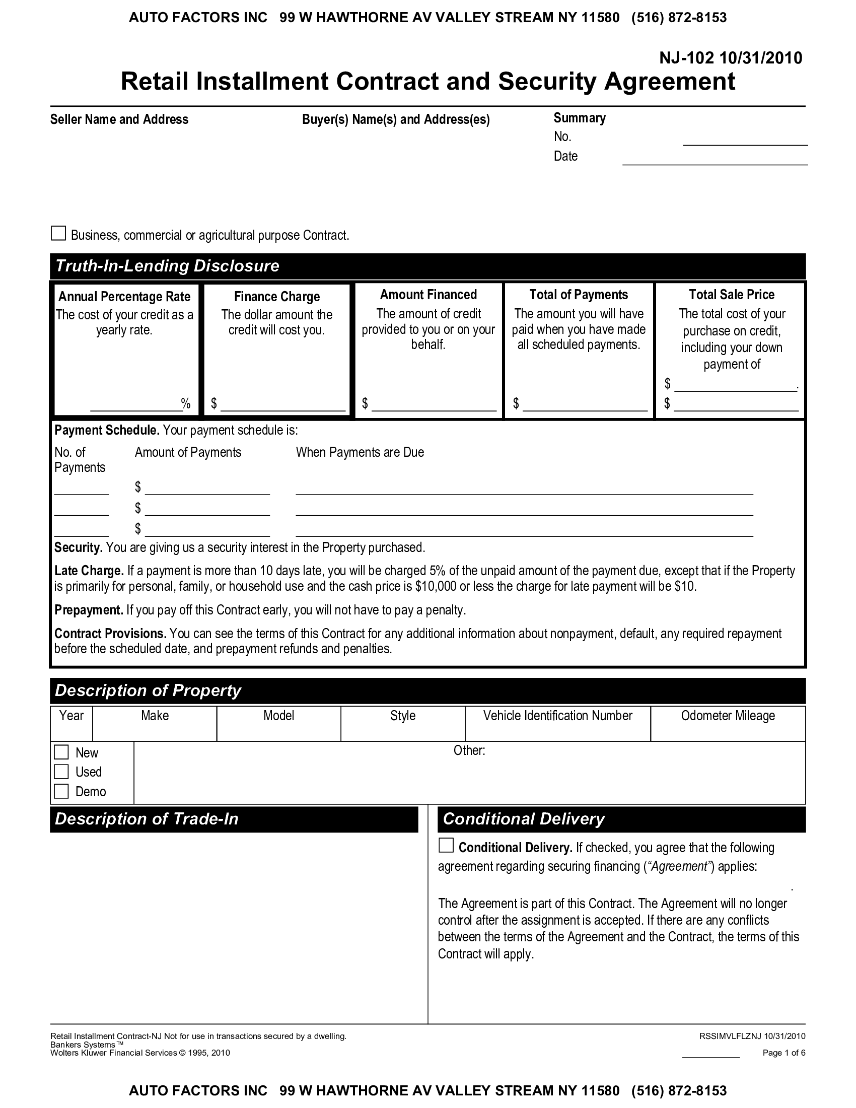 Fillable Retail Installment Contract and Security Agreement - Thumbnail