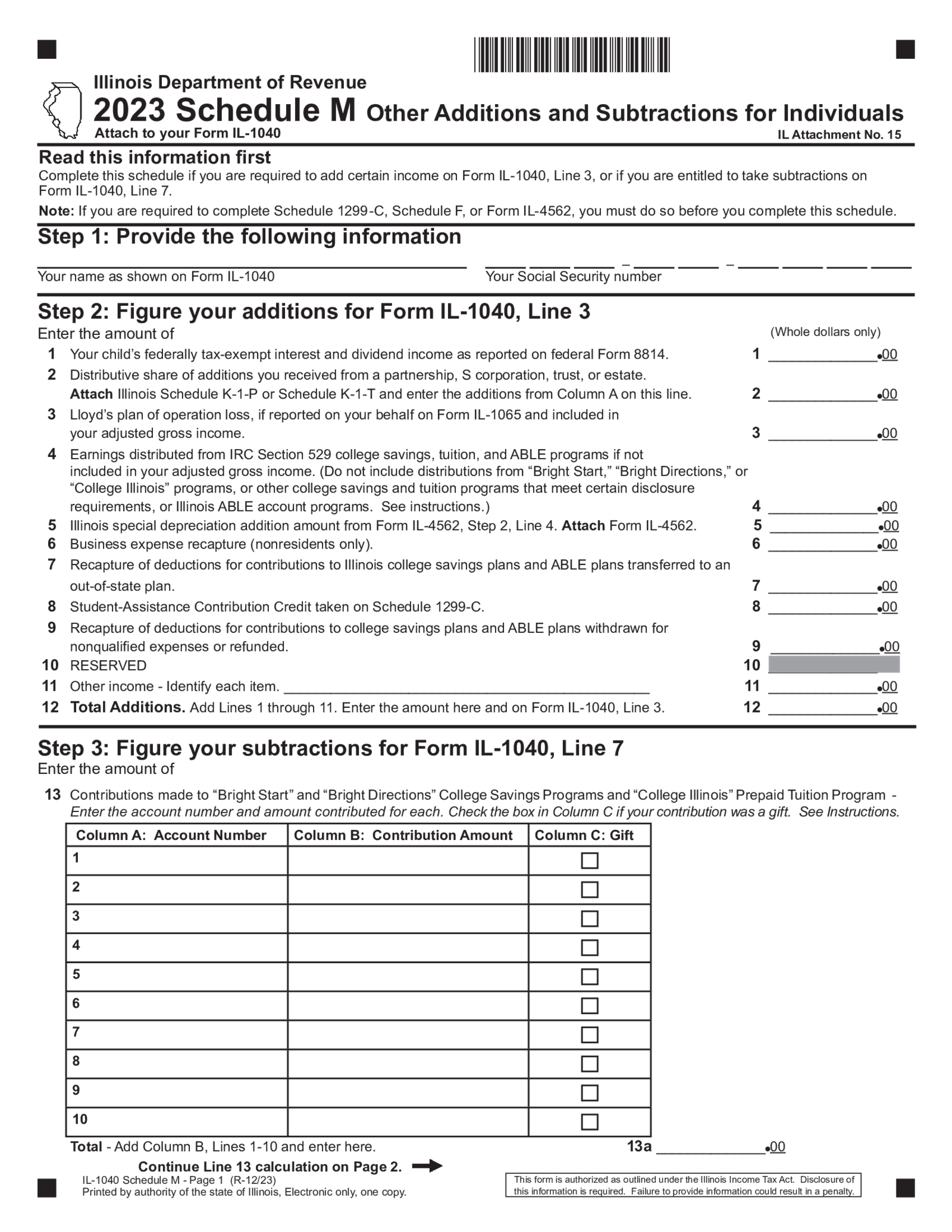 Illinois Tax Form 1040 Schedule M - Thumbnail