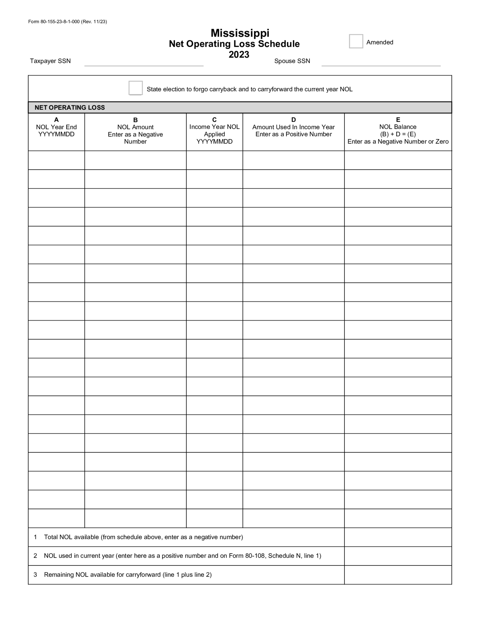 Mississippi Form 80-155 - Net Operating Loss Schedule - Thumbnail