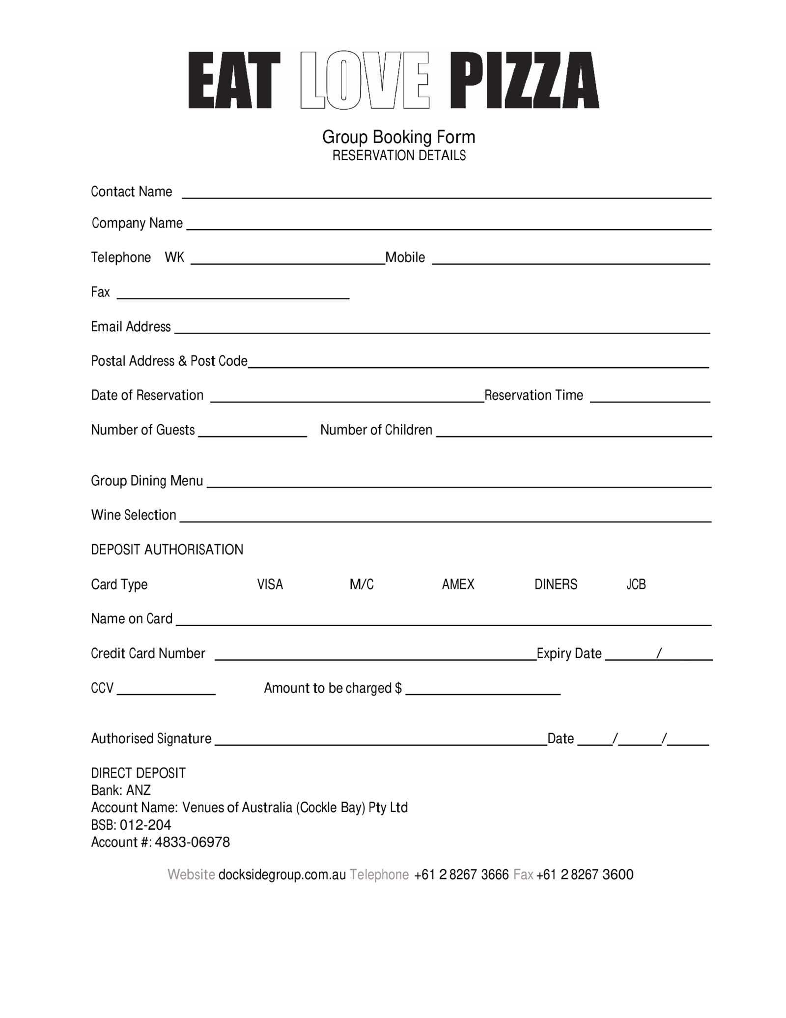 Fillable Restaurant Group Booking Reservation Form - Thumbnail