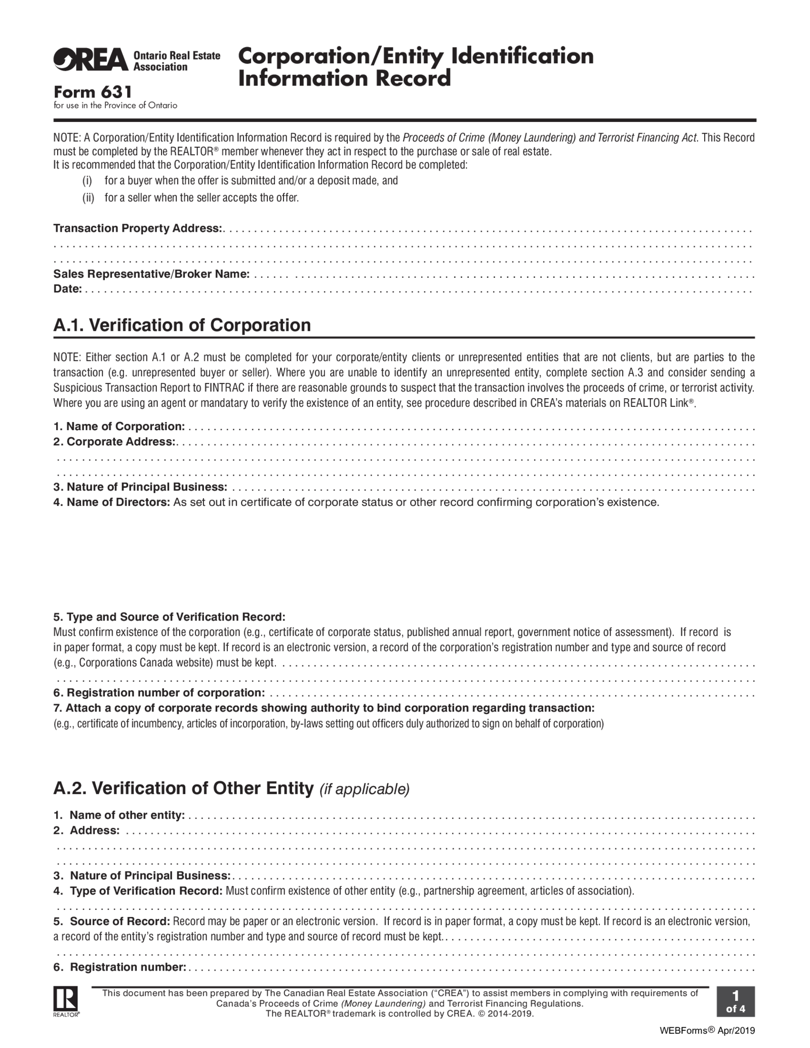 Form 631, Corporation Entity Identification Information Record - Thumbnail