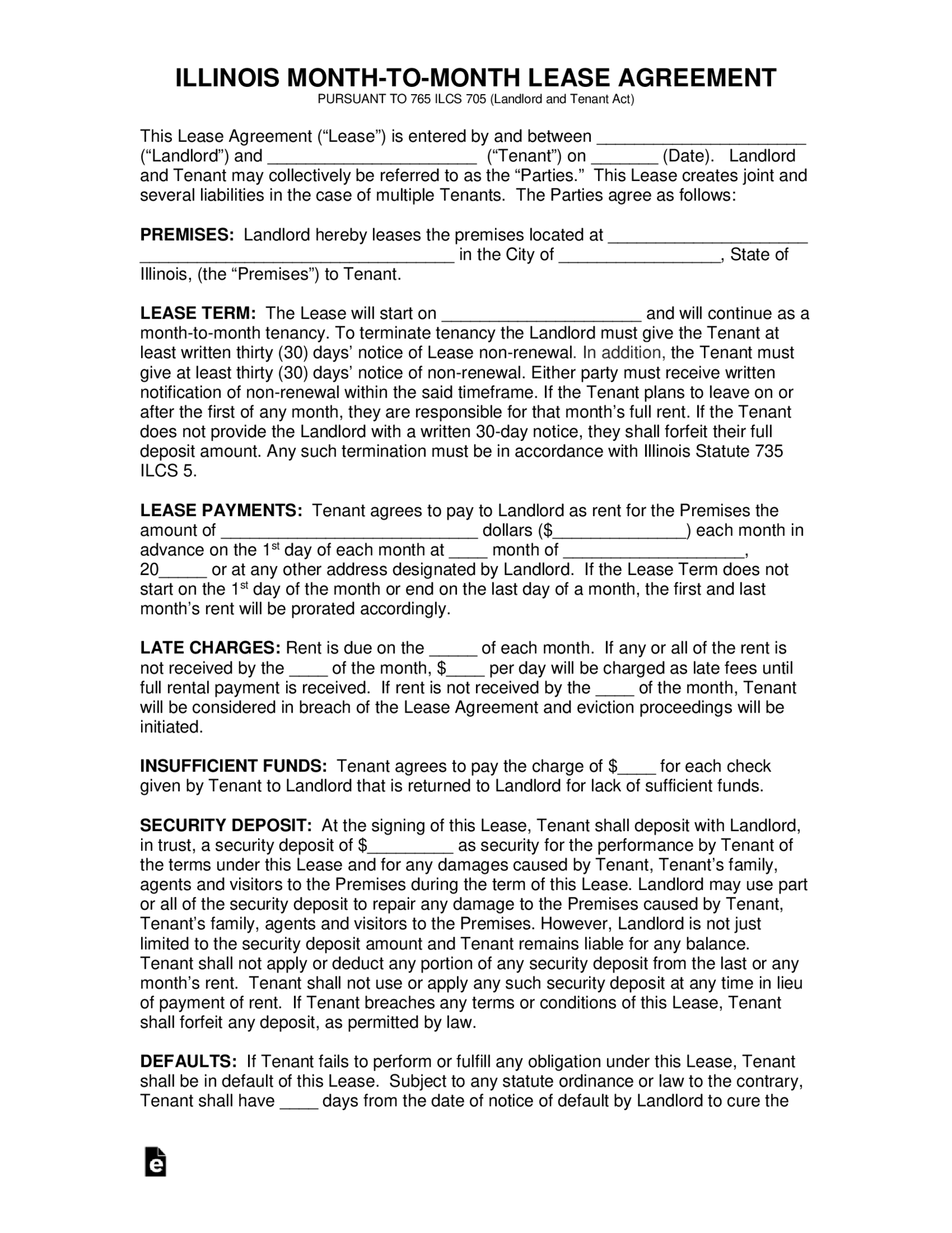 Illinois Month to Month Rental Agreement - Thumbnail