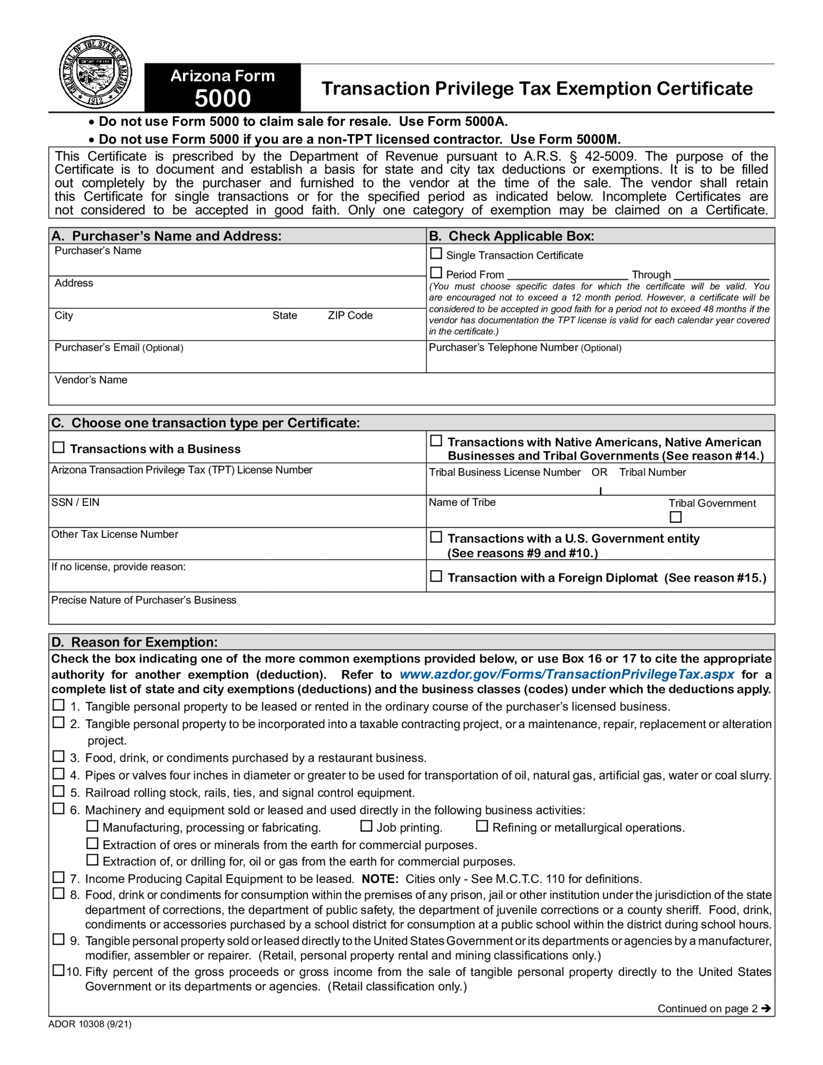 Arizona Tax Form 5000 - Thumbnail