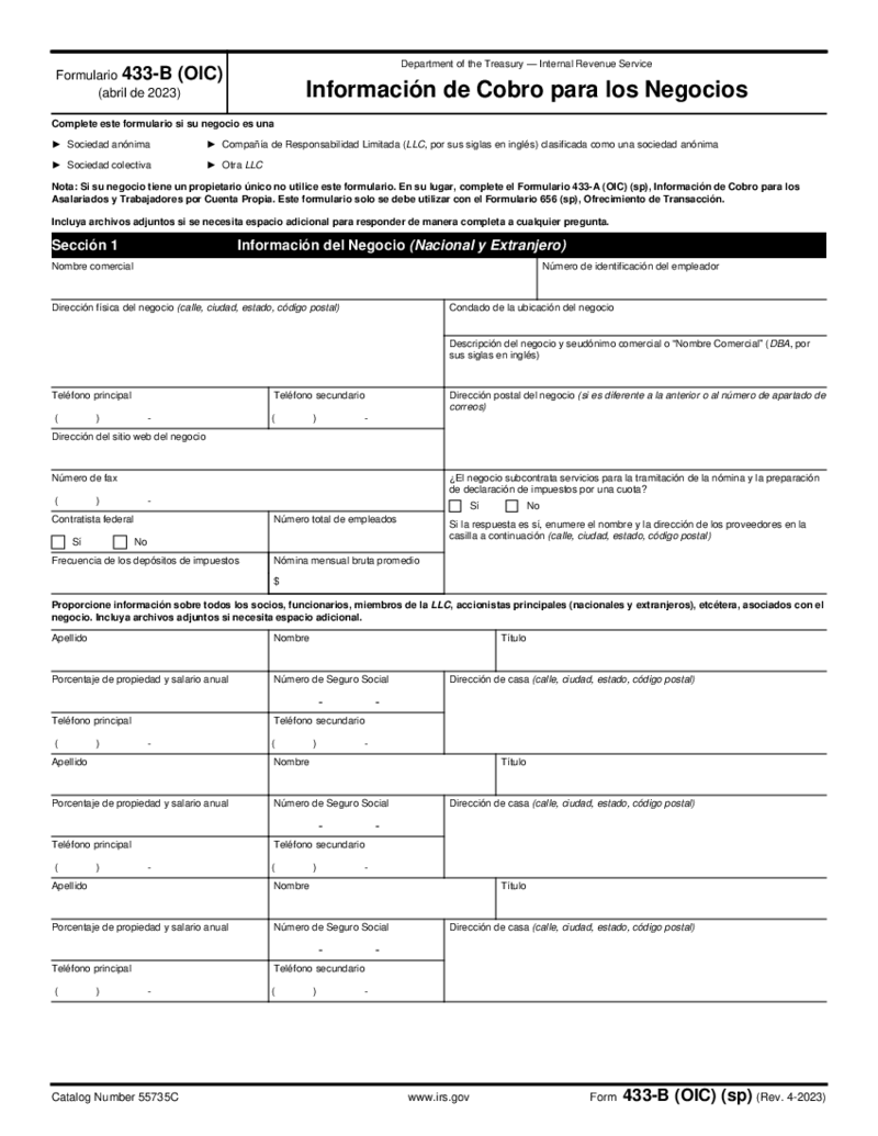 Form 433-B (OIC) (sp), Collection Information Statement for Businesses (Spanish Version)