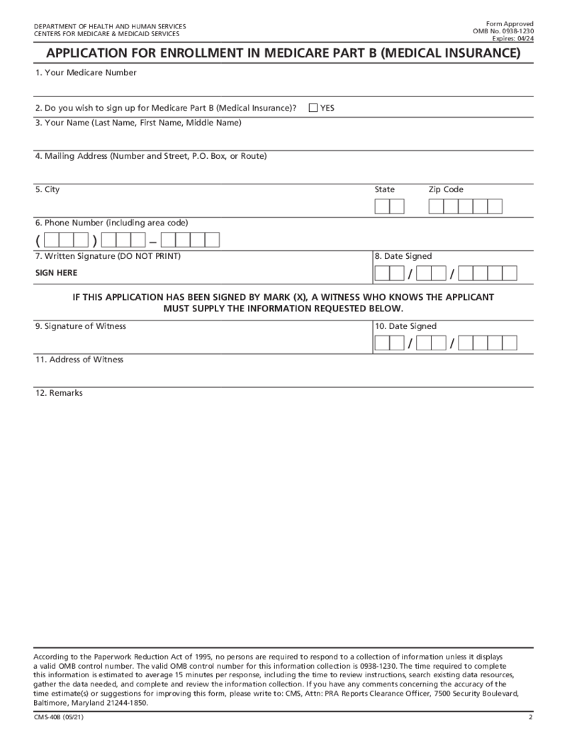 Application for Enrollment in Medicare - Part B CMS 40B