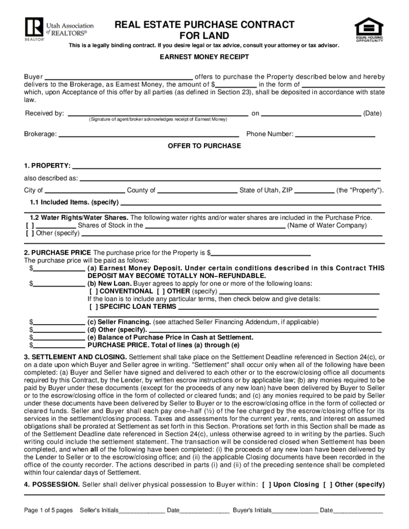 Utah Real Estate Purchase Contract for Land