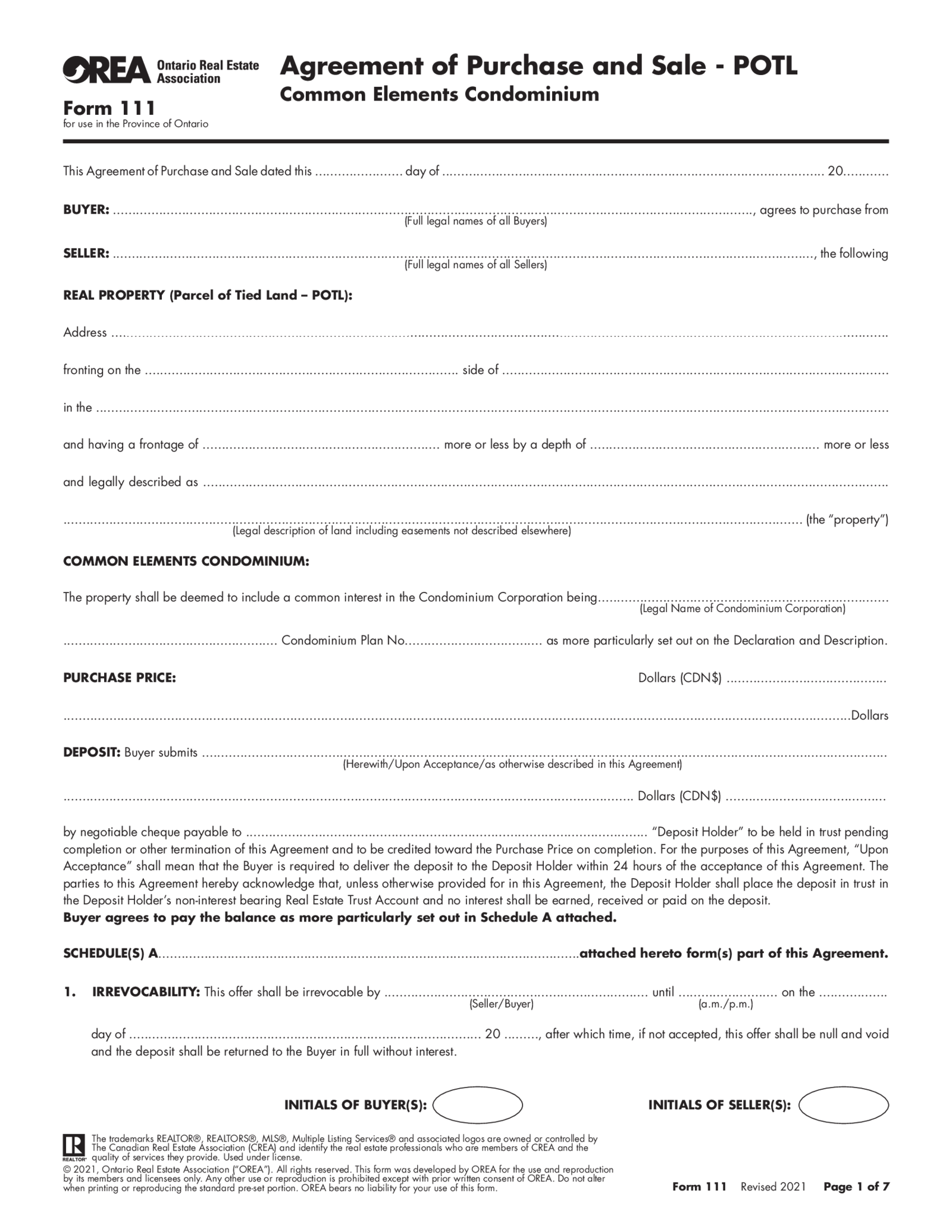 OREA Form 111, Agreement of Purchase and Sale - POTL — PDFliner