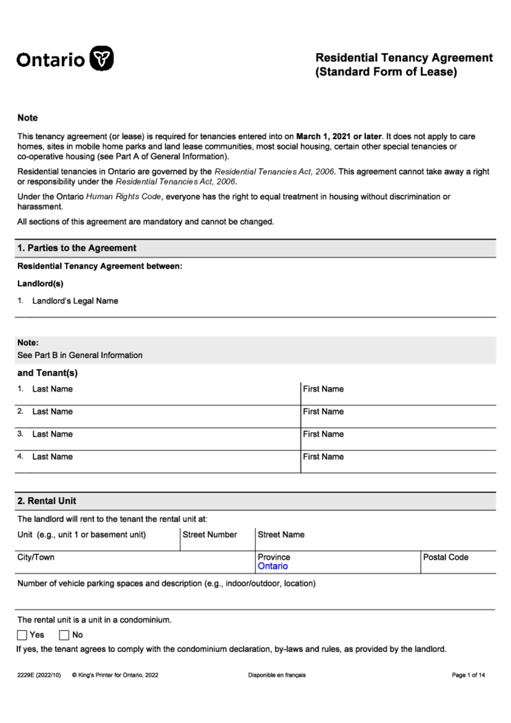 Ontario Standard Lease Agreement