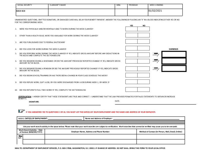 Washington DC Unemployment Weekly Claim Form