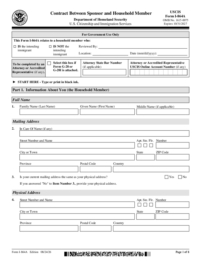 Form I-864A, Contract Between Sponsor and Household Member