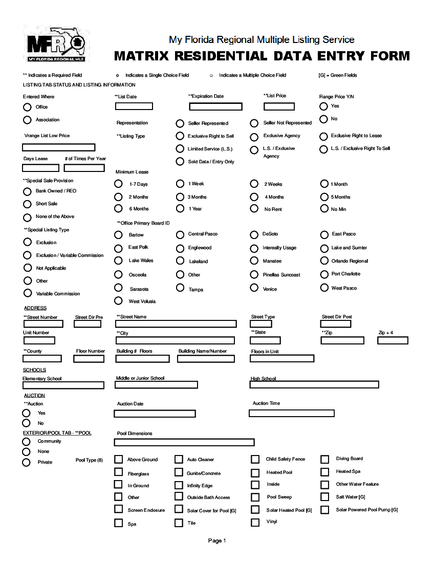 MFR Matrix MLS Residential Listing Form