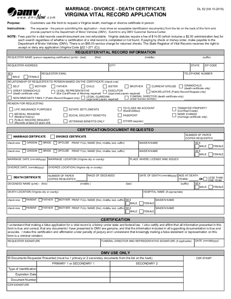 Virginia Vital Record Appliication - DL 82 Form