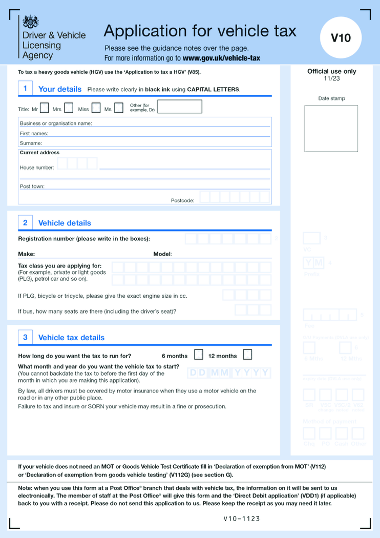 Apply For Vehicle Tax (Form V10)