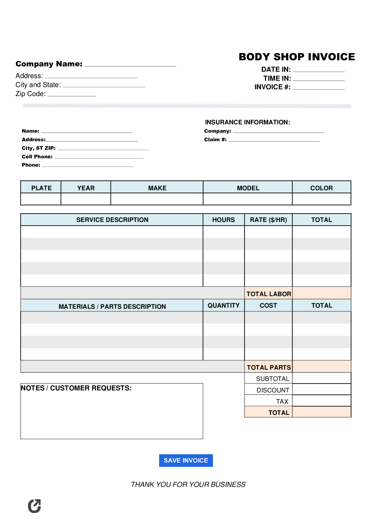 Body Shop Invoice - Thumbnail