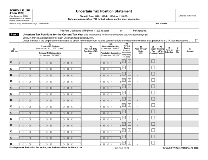 Form 1120 (Schedule UTP) 2022