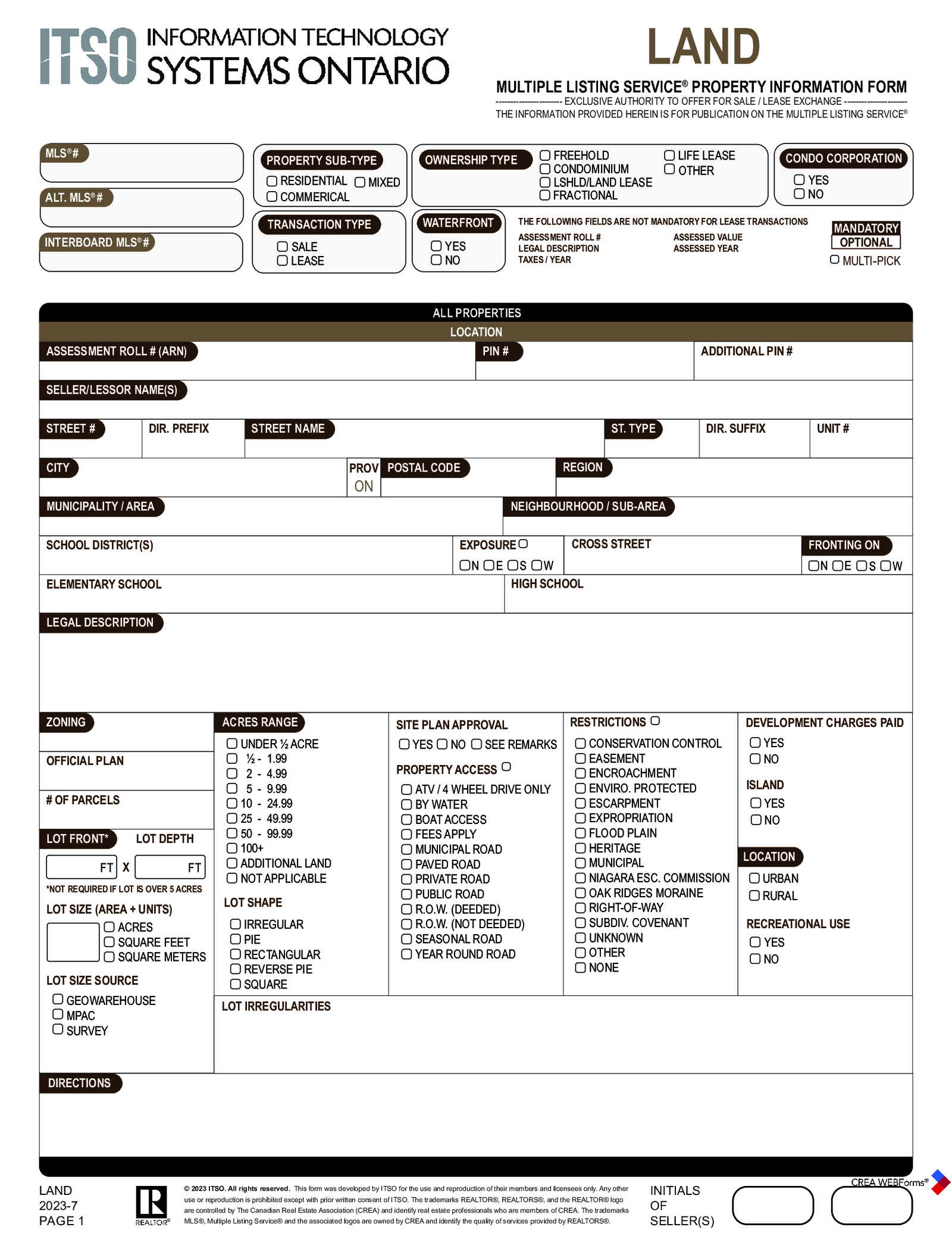 Fillable MLS Property Information Form - Land Sale and Lease - Thumbnail